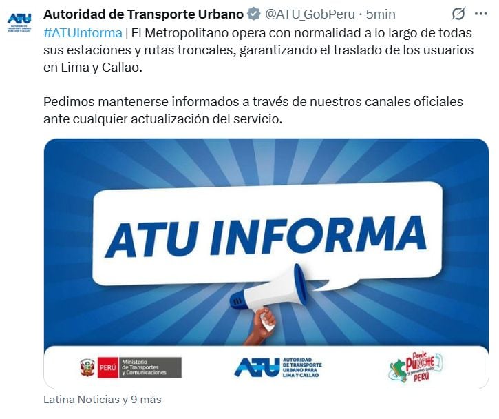 ATU informa que el servicio del Metropolitano funciona hoy con normalidad