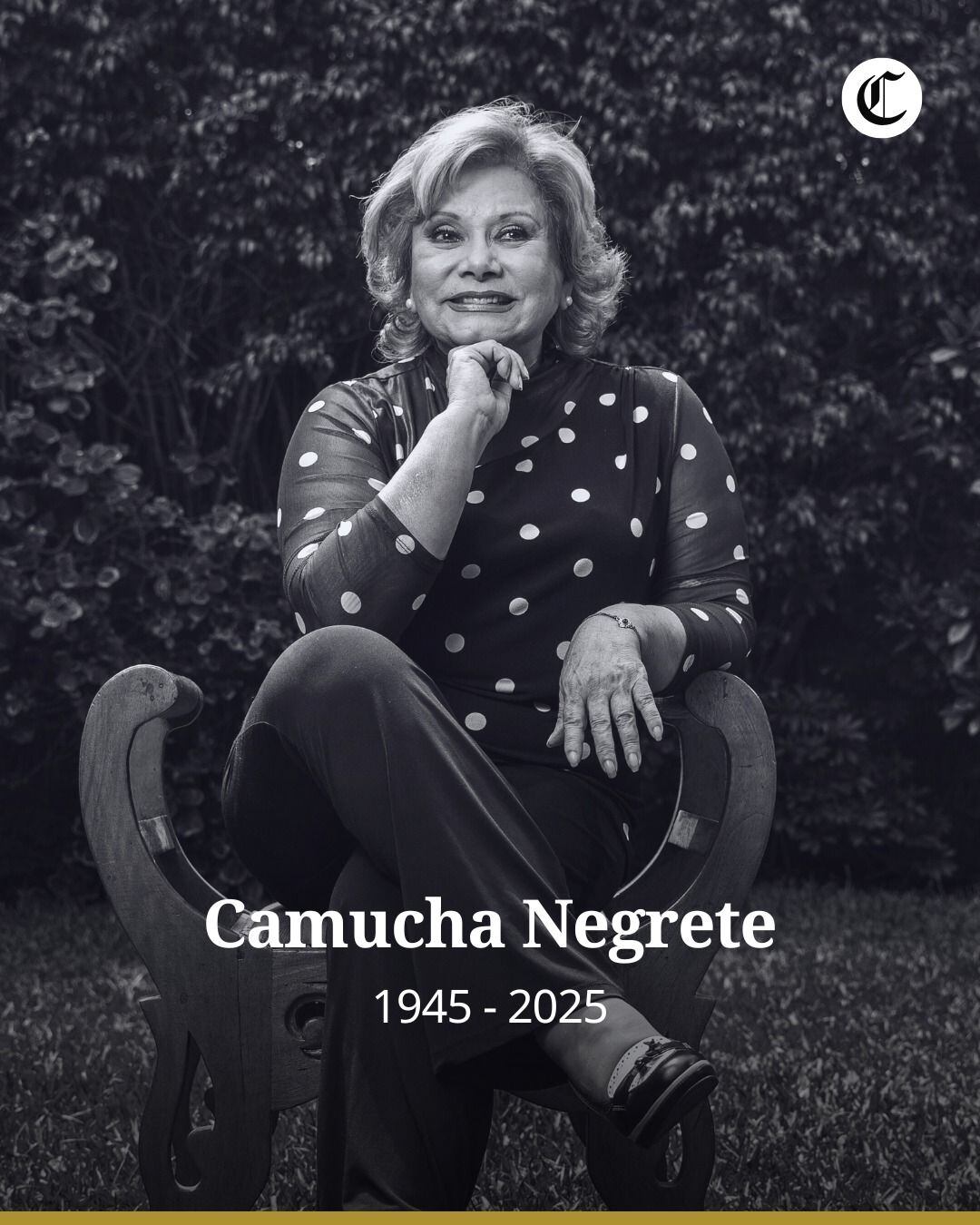 El Comercio , mediante sus redes sociales expresó su pesar por el fallecimiento de la talentosa peruana Camucha Negrete. La recordada actriz y presentadora de televisión Camucha Negrete falleció este sábado 27 de setiembre a los 80 años, dejando tras de sí una extensa trayectoria en el cine, el teatro y la televisión. Estas palabras se pueden leer acompañando la imagen en memoria de Camucha.