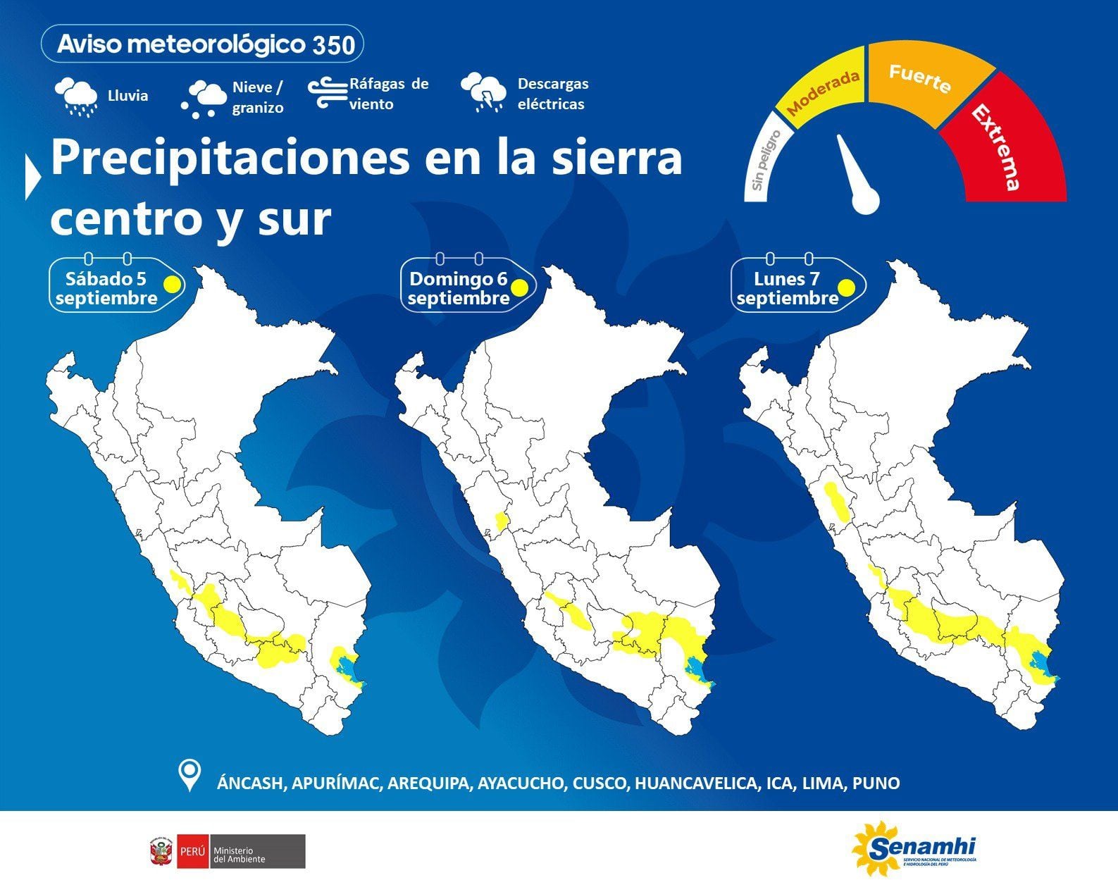 Del 5 al 7 de septiembre, se presentarán nieve, granizo, aguanieve y lluvia en la sierra centro y sur.