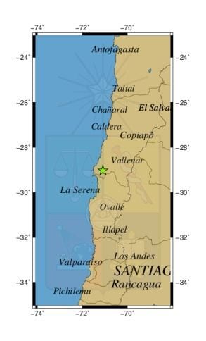 Referencia geográfica del sismo a 45 km al NE de Punta de Choros.