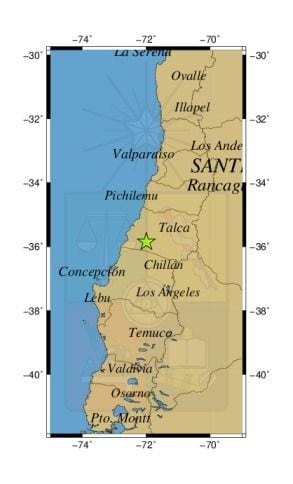 Referencia geográfica del sismo a 32 km al E de Cauquenes.