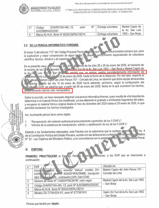 Fiscalía realizó la visualización de los videos de grabación del chifa y Market Capón, pero no halló grabaciones de los días que José Jerí visitó locales.