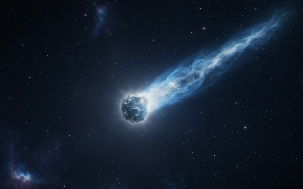 El cometa interestelar 3I/ATLAS está expulsando enormes cantidades de agua al espacio, equivalentes a 70 piscinas olímpicas diarias. (Foto: Imagen creada por El Comercio MAG usando Gemini)