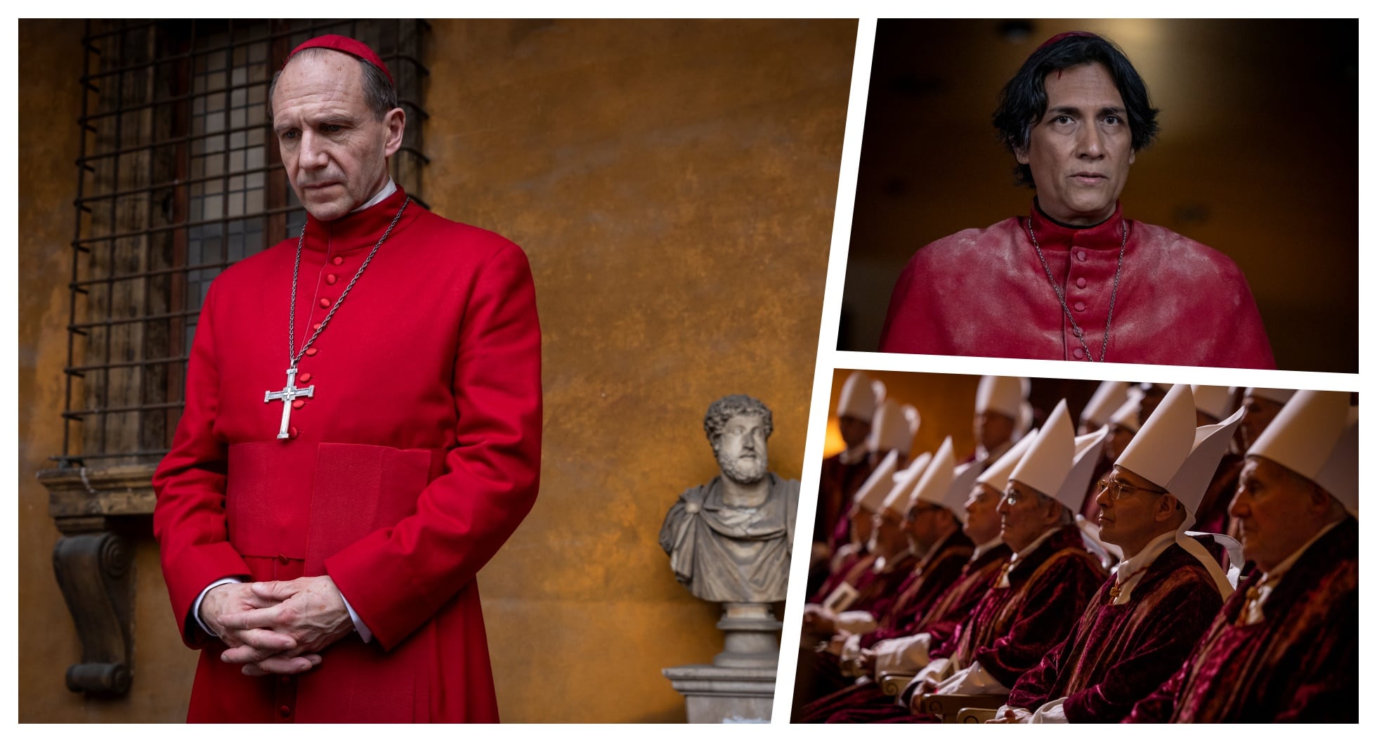 A la izquierda: Ralph Fiennes, protagonista de "Cónclave". A la derecha, arriba: el mexicano Carlos Diehz, que interpreta al cardenal Benitez. (Fotos: Diamond Films)