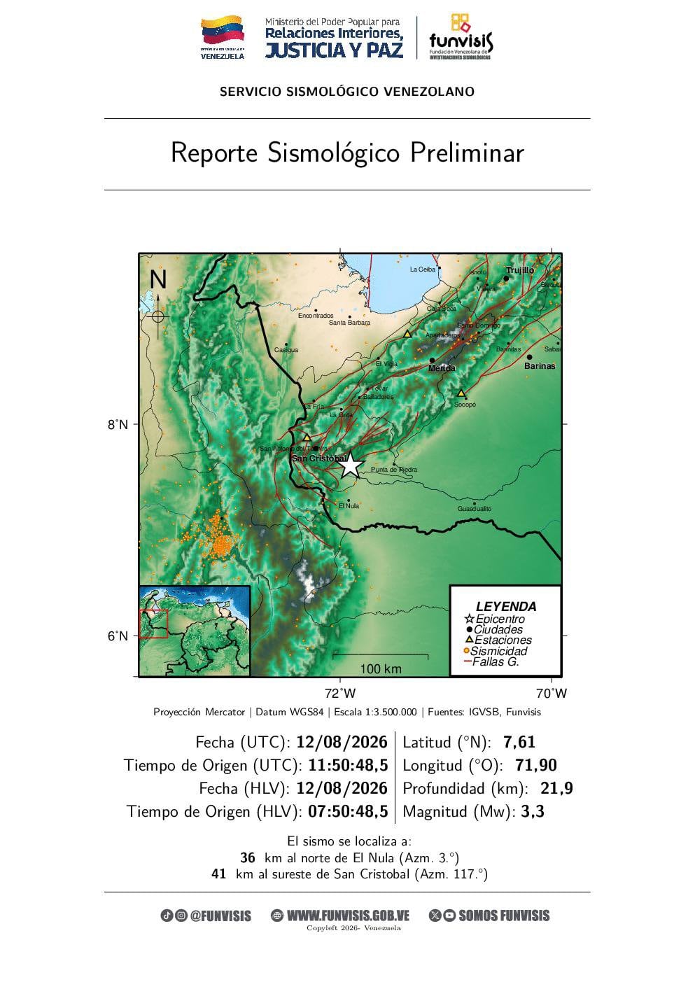 Sismo a 36 km al norte de El Nula
