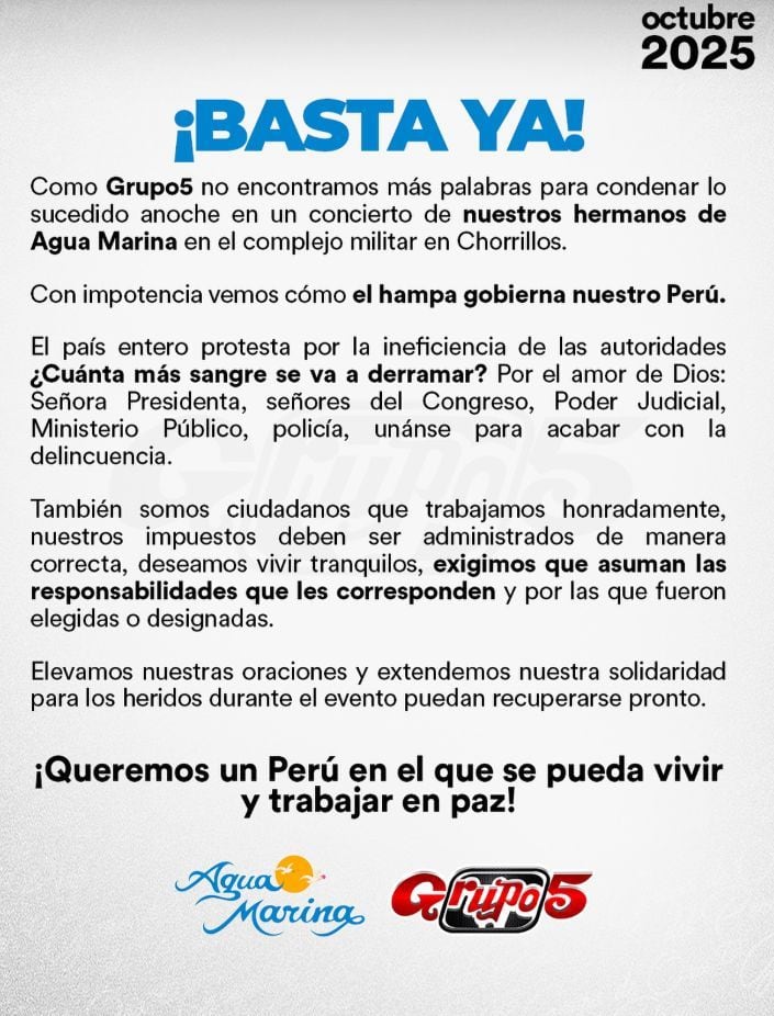 El Grupo 5 se pronuncia tras ataque contra Agua Marina: Con impotencia vemos como el hampa gobierna nuestro Perú