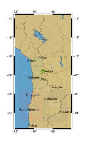 Referencia geográfica del sismo a 54 km al SE de Camiña.