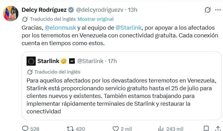 La presidenta encargada de Venezuela, Delcy Rodríguez, agradeció este viernes al multimillonario Elon Musk y a la empresa SpaceX por brindar acceso gratuito a internet a los venezolanos a través de su servicio de satélite Starlink, después de los dos terremotos que sacudieron este miércoles al país petrolero.