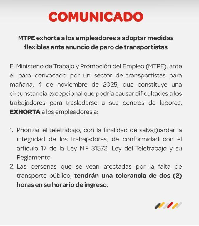 Ministerio de Trabajo otorga dos horas de tolerancia a trabajadores debido al paro de transportistas