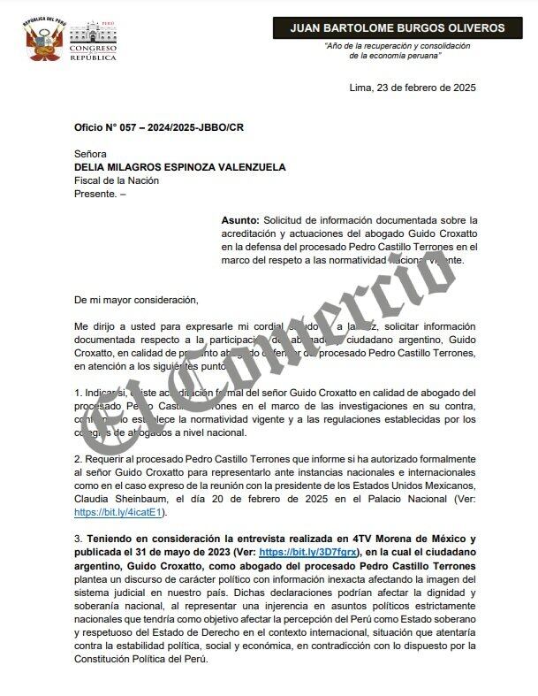 Oficio enviado a la fiscal de la Nación.