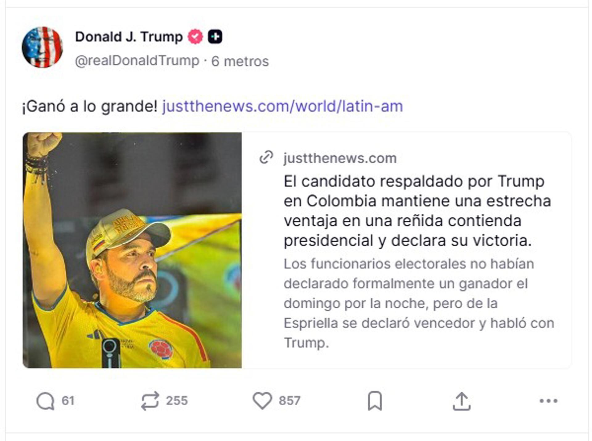El presidente de EE.UU., Donald Trump, celebró la victoria de Abelardo de la Espriella en las elecciones de Colombia, con un Él ganó, ¡GRANDE! en su cuenta de Truth Social, que acompaña una noticia con los resultados preliminares que le dan el triunfo por delante del candidato de izquierda Iván Cepeda.