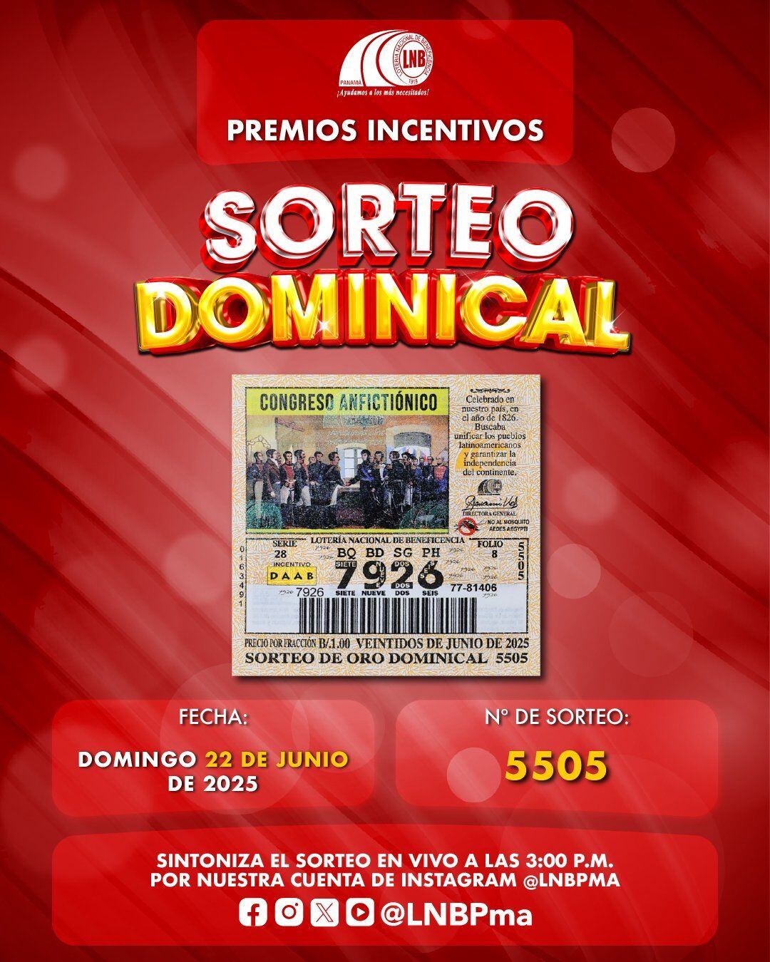 Conoce el billete para el sorteo Dominical del domingo 22 de junio.