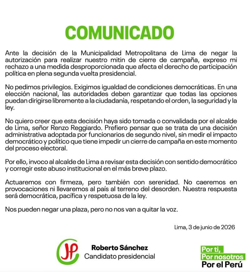 En un comunicado, Sánchez Palomino calificó la medida como desproporcionada y dijo que esta afecta su derecho de participación política con miras a la segunda vuelta presidencial. No pedimos privilegios. Exigimos igualdad de condiciones democráticas. En una elección nacional, las autoridades deben garantizar que todas las opciones puedan dirigirse libremente a la ciudadanía, respetando el orden, la seguridad y la ley, expresó el candidato.