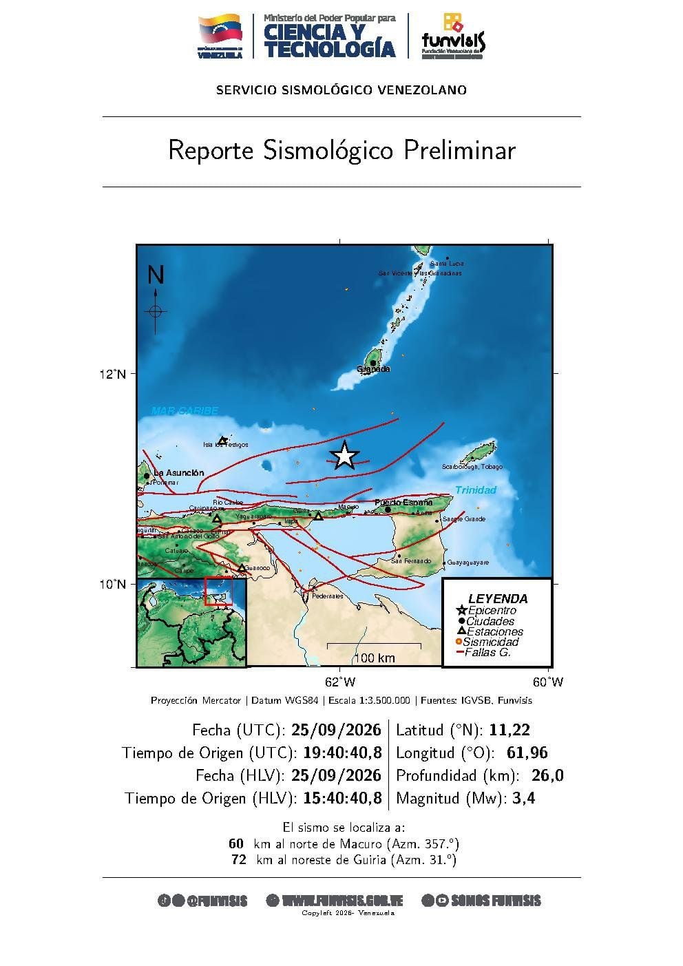 Referencia geográfica del sismo a 60 km al norte de Macuro.