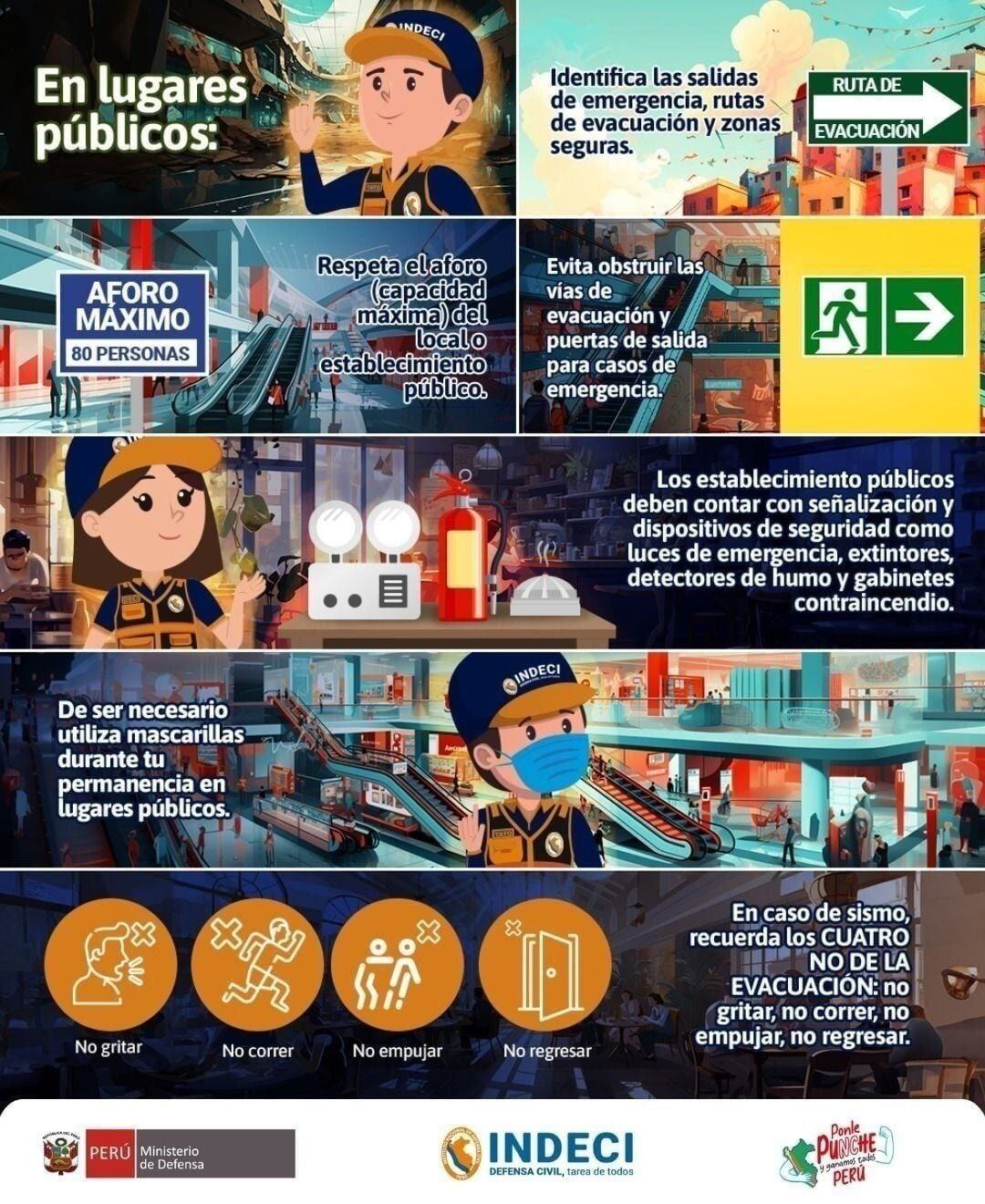 Identifica rutas de evacuación, respeta el aforo, evita bloquear salidas y reconoce los dispositivos de seguridad.