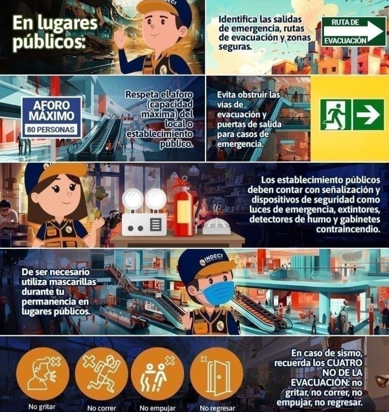 Identifica rutas de evacuación, respeta el aforo, evita bloquear salidas y reconoce los dispositivos de seguridad.