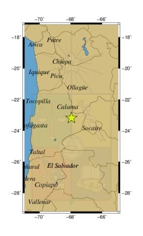 Referencia geográfica del sismo a 39 km al SE de San Pedro de Atacama.