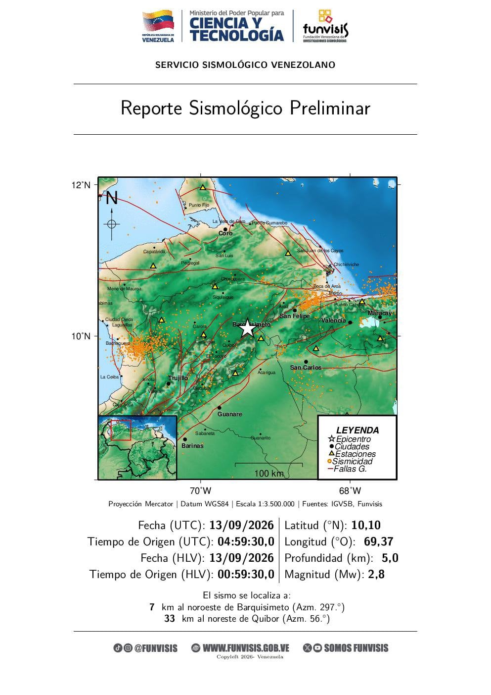 Sismo a 7 km al noroeste de Barquisimeto
