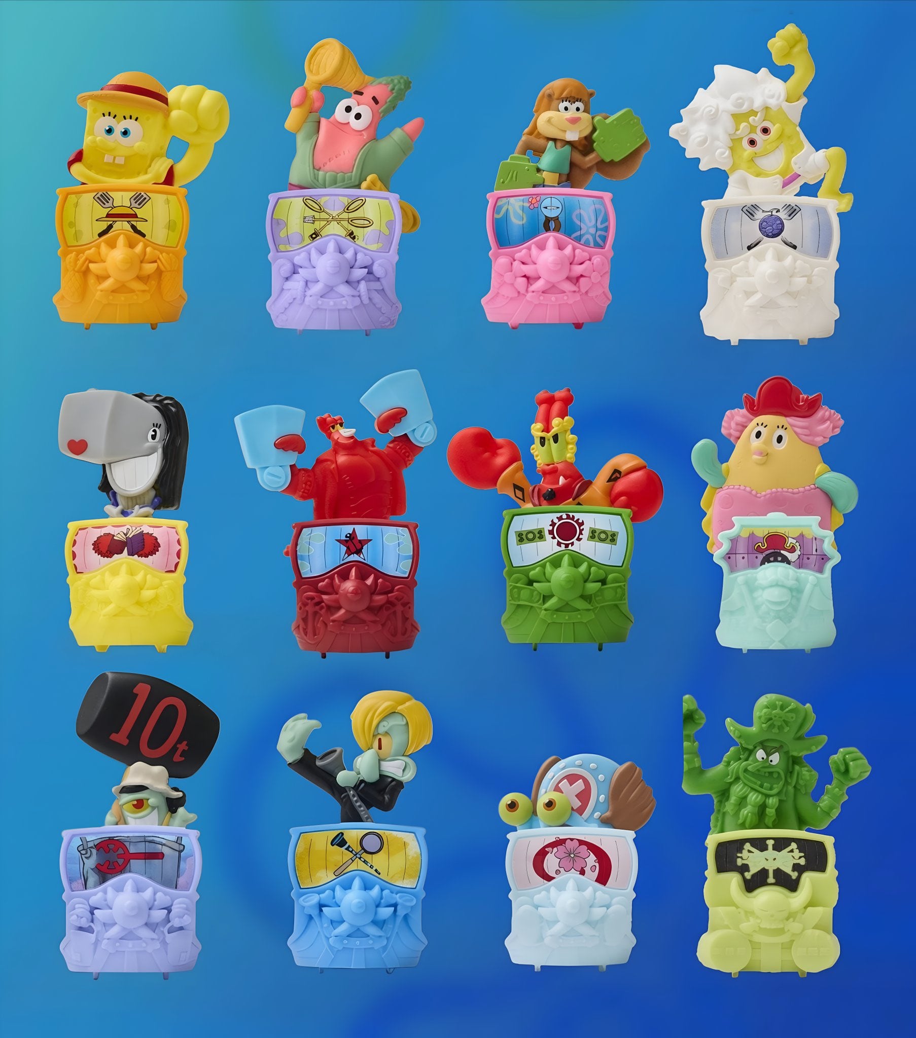 La colección oficial de las 12 figuras de la Cajita Feliz de McDonald's que une los universos de "Bob Esponja" y "One Piece" (Foto: McDonald's / Toei Animation / Nickelodeon)