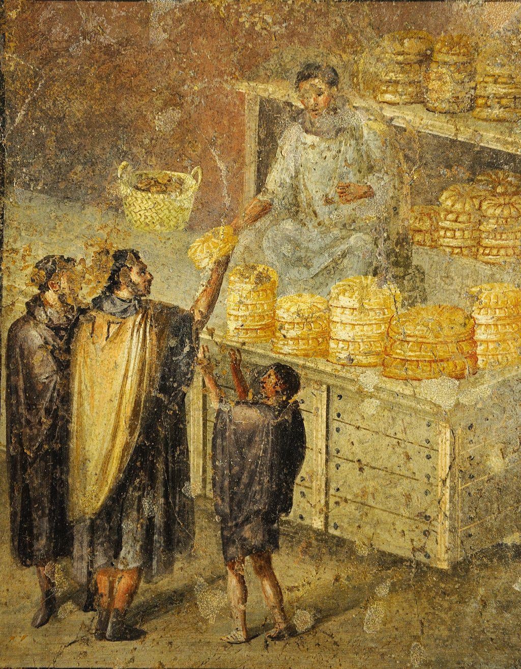 A baker and his customers in a mosaic recovered from the ruins of Pompeii.  (Collection of the National Archaeological Museum of Naples).  /GET IMAGES.