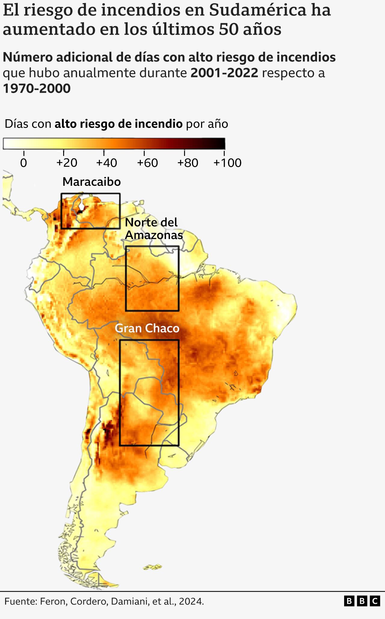 Mapa de Sudamérica mostrando que el número de días con alto riesgo de incendios ha aumentado drásticamente en algunas regiones desde la década de los años 70s.