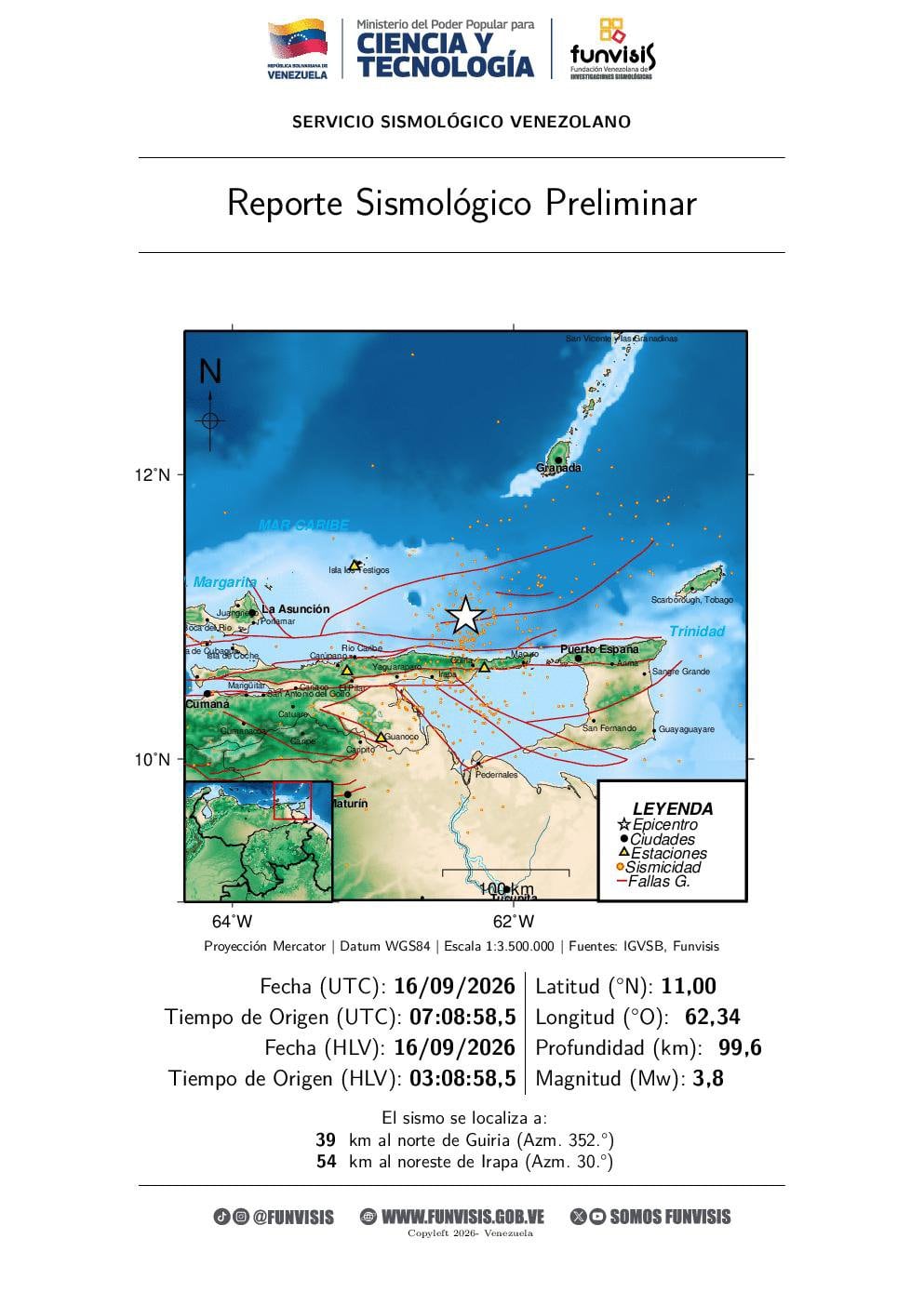 Sismo a 39 km al norte de Guiria