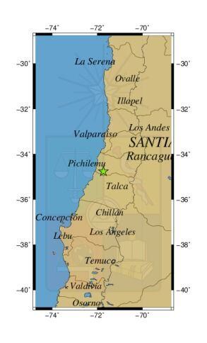 Referencia geográfica del sismo a 28 km al NE de Vichuquén.