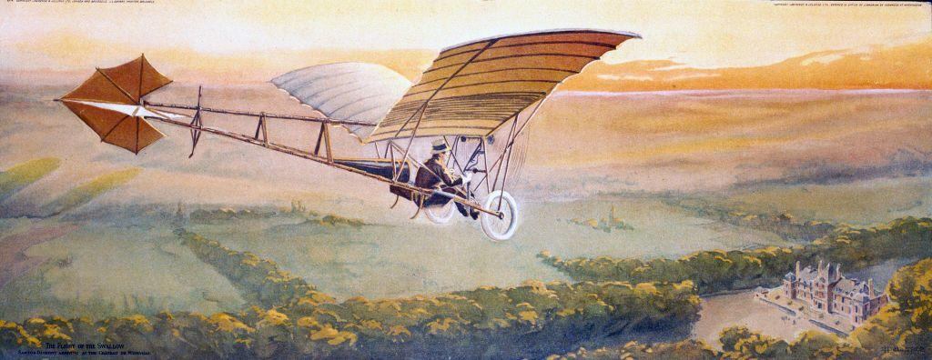 Santos Dumont pilotea un monoplano Demoiselle hacia el castillo de Wideville, Francia. Lo creó en 1909, y se convirtió en uno de los favoritos de los pilotos deportivos.