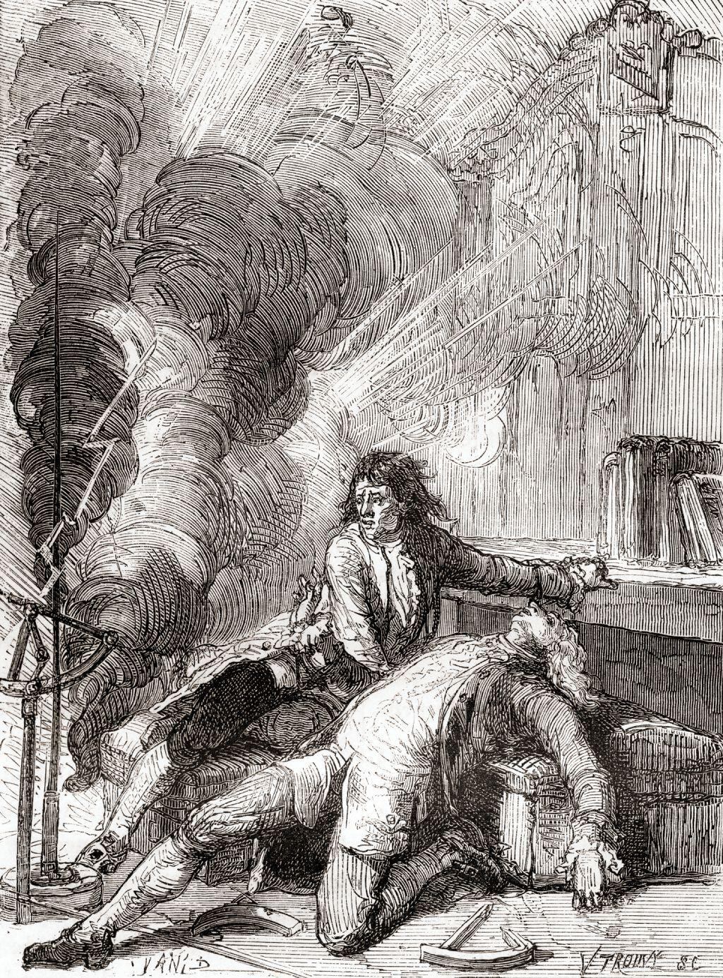 Ilustración de De Les Merveilles de la Science, publicado en 1870, de la muerte de Richmann.