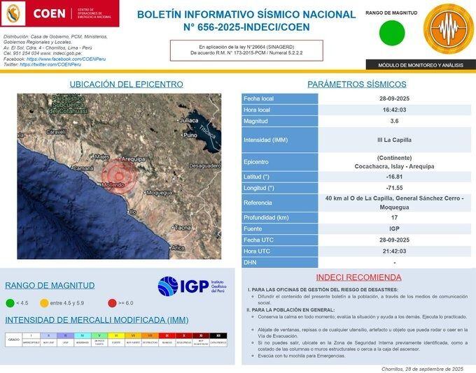 Información de INDECI sobre el sismo a 40 km al O de La Capilla, General Sanchez Cerro - Moquegua.