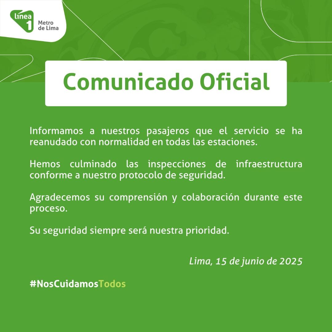 Comunicado oficial de la Línea 1 del Metro de Lima