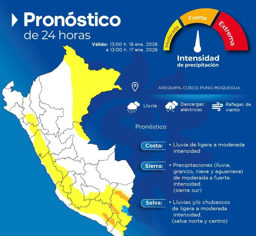 El Senamhi informa que en la sierra sur se prevén precipitaciones (lluvia, granizo, nieve y aguanieve), de moderada a fuerte intensidad, acompañadas de descargas eléctricas y ráfagas de viento. Esto será entre el viernes 16 y el sábado 17 de enero.