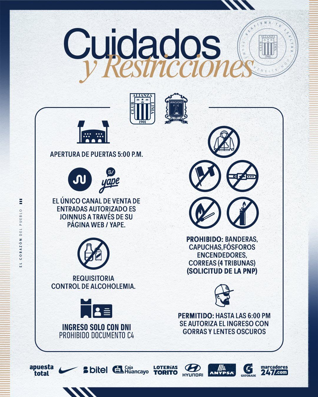 Atención, hincha de Alianza Lima: estos son los cuidados y restricciones para el encuentro de esta noche ante Ayacucho FC