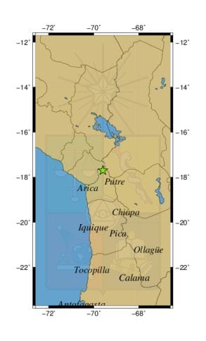 Referencia geográfica del sismo a 16 km al SO de Visviri.