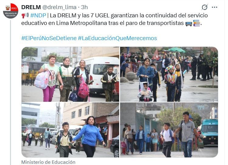 La Dirección Regional de Educación de Lima Metropolitana informó que las clases presenciales se desarrollan con normalidad en instituciones educativas públicas y privadas de Lima Metropolitana.