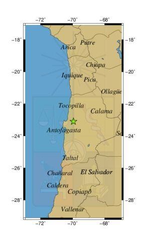Referencia geográfica del sismo a 28 km al NO de Baquedano.