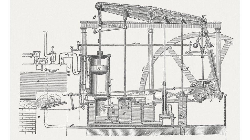 El primer motor de vapor de James Watt, aquí en la imagen, se pantentó 61 años antes de la construcción del primer ferrocarril comercial.