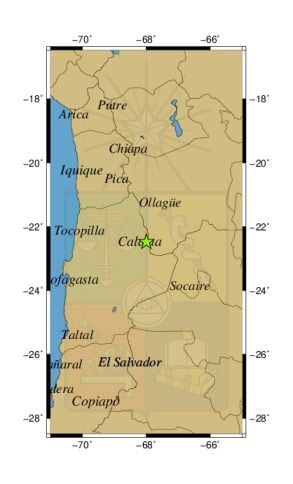 Referencia geográfica del sismo a 54 km al NE de San Pedro de Atacama.