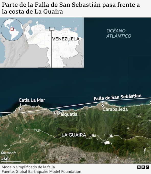 Mapa de la Guaira con la falla de San Sebastián.