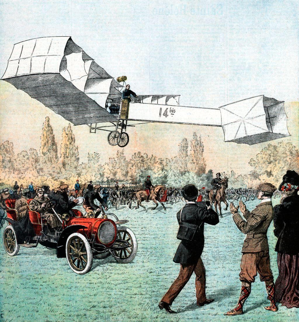 Santos-Dumont piloteó su avión en el Bois du Boulogne, París, en el que fue el primer vuelo de un avión a motor en Europa en noviembre de 1906, como informó "Le Petit Journal".