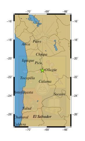 Referencia geográfica del sismo a 25 km al O de Ollagüe.