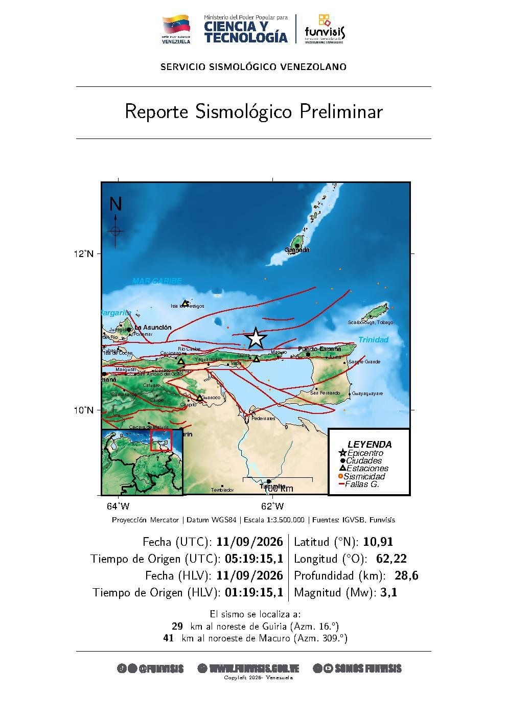 Sismo a 29 km al noreste de Guiria