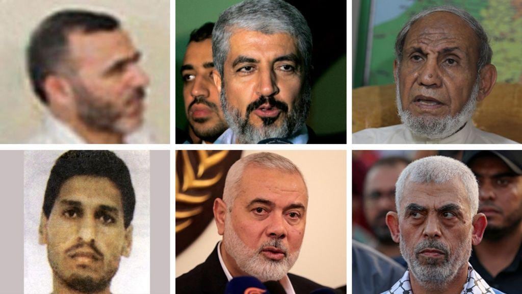 Arriba, de izq. a der.: Marwan Issa, Jaled Meshaal y Mahmud Zahar. Abajo: Yehiya Sinwar,. Ismail Haniya Y Mohamed Deif. Son considerados líderes máximos de Hamás.