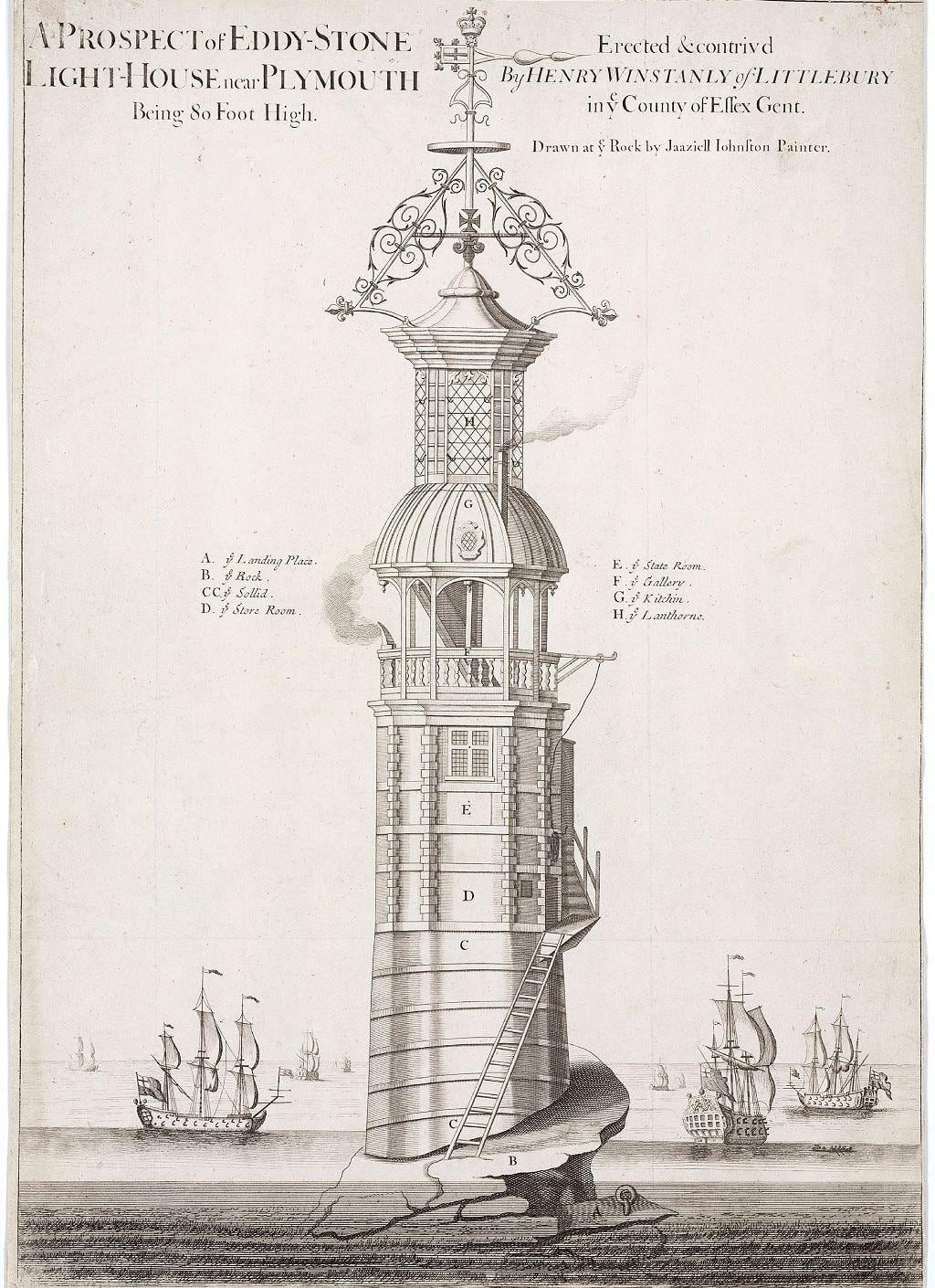 La primera versión del faro de Winstanley, que era, como la segunda, colorido y adornado.