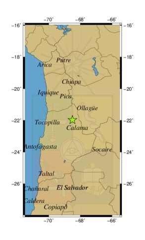 Referencia geográfica del sismo a 70 km al NE de Calama.