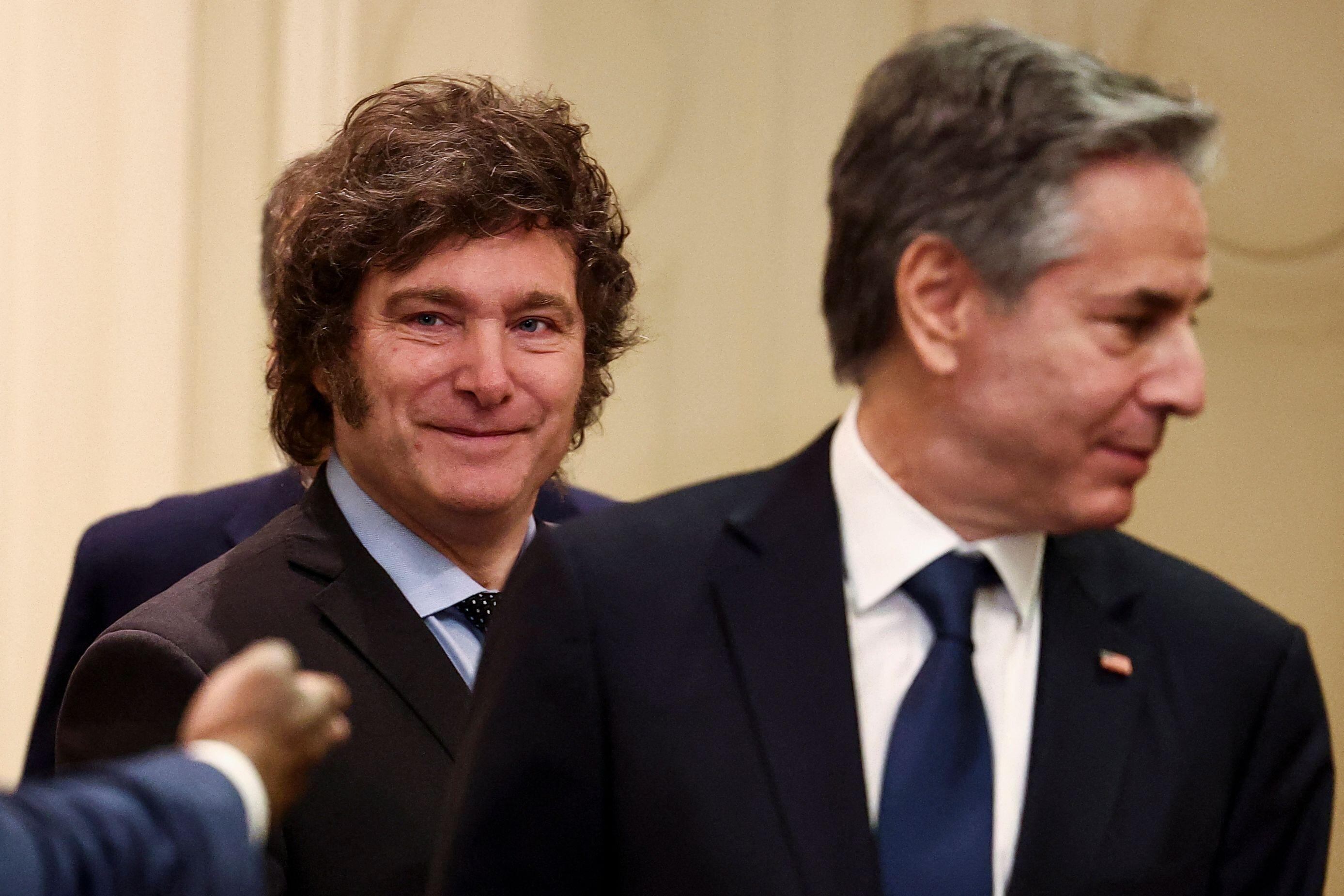 Milei recibió al secretario de Estado de EE.UU., Antony Blinken, justo antes de viajar a EE.UU. para asistir a la reunión de los conservadores. (GETTY IMAGES).