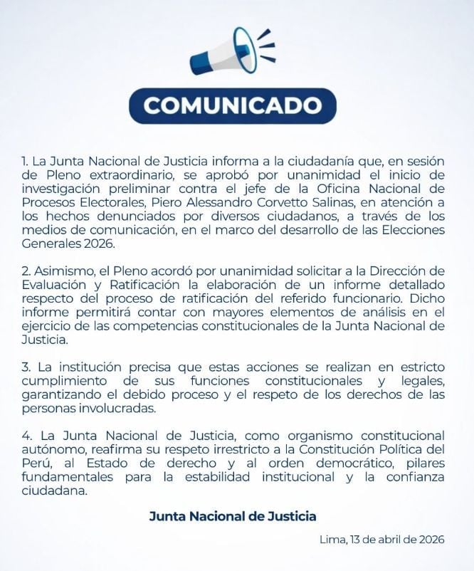 Junta Nacional de Justicia inicia investigación preliminar contra Piero Corvetto, jefe de la ONPE