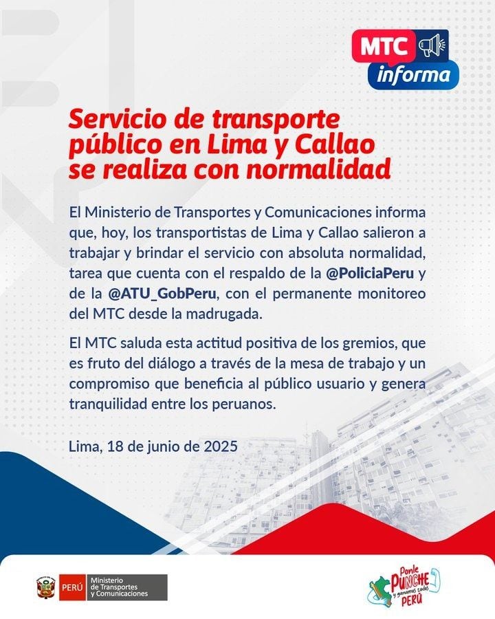 Mediante sus redes sociales, el Ministerio de Transportes y Comunicaciones informó que el servicio de transporte público en Lima y Callao se realiza con normalidad.