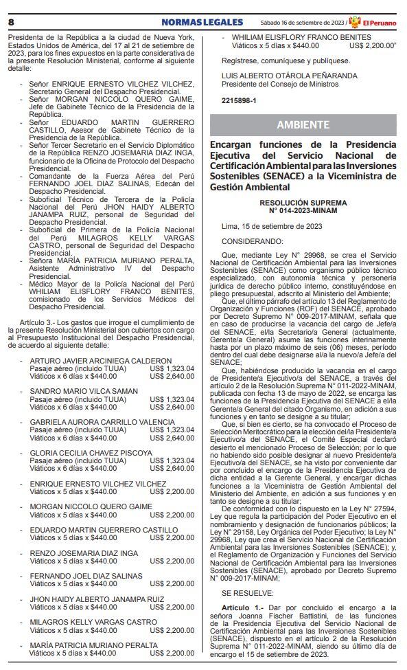 Comitiva de Dina Boluarte que viaja a Nueva York con ella.