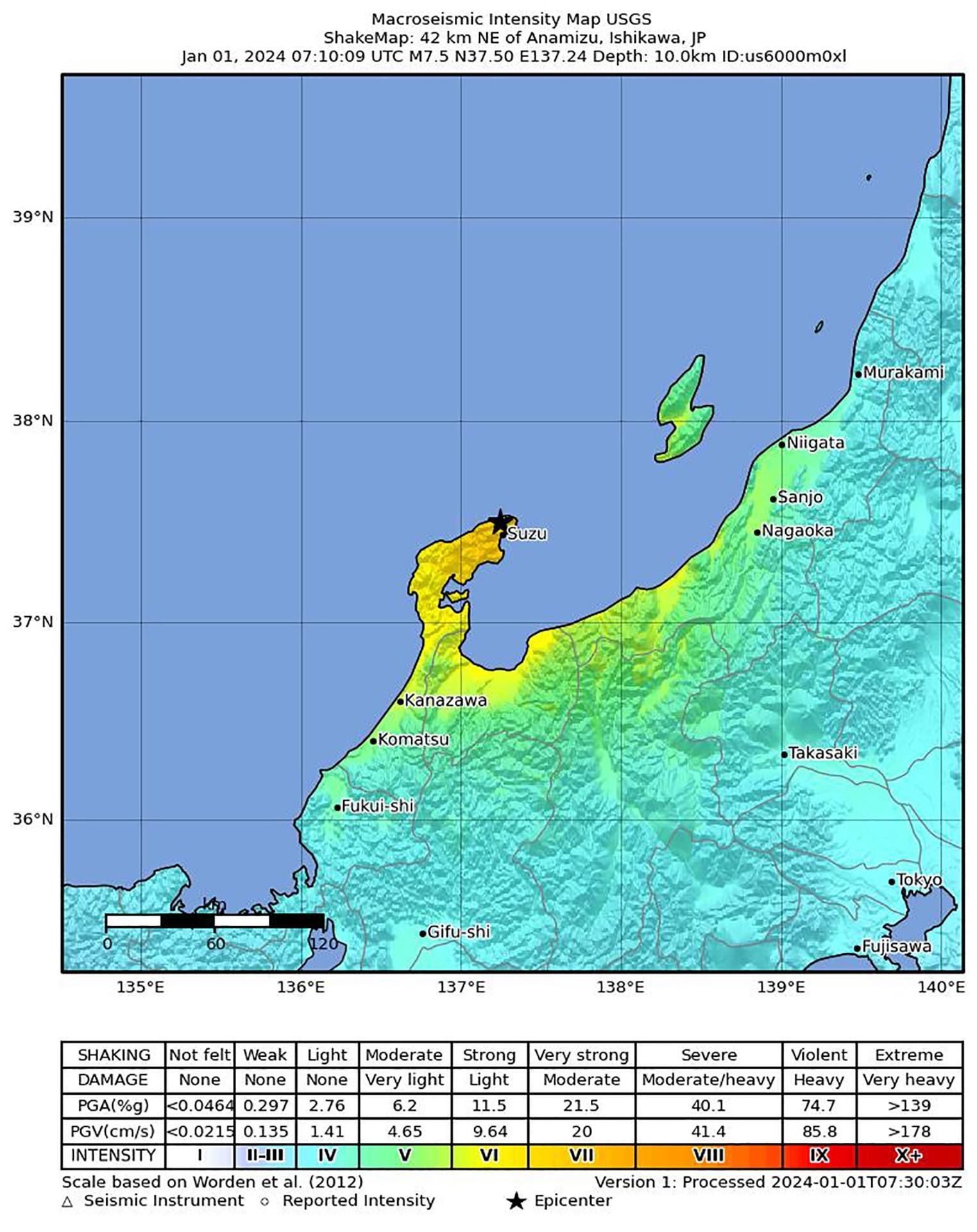 La ubicación del terremoto que azotó la región de Noto, en la prefectura de Ishikawa, en el centro de Japón, el 1 de enero de 2024. (EFE).